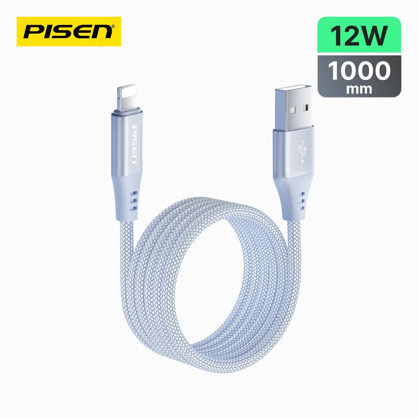 PISEN MagiPi Magloop USB-A to Lightning 12W braided cable in blue, coiled with magnetic strap, 1m length