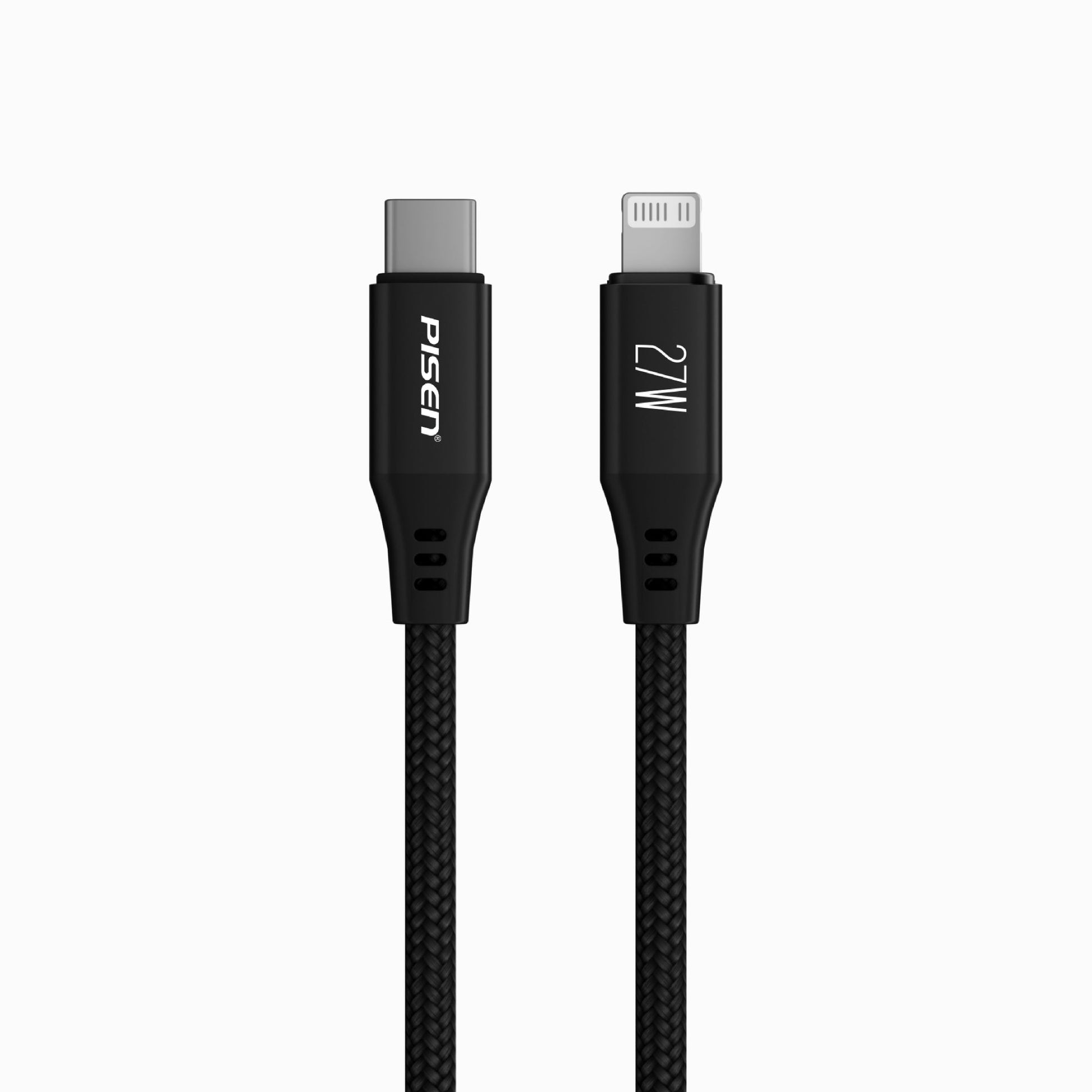 Close-up of USB-C and Lightning connectors on the black PISEN MagiPi Magloop 27W cable