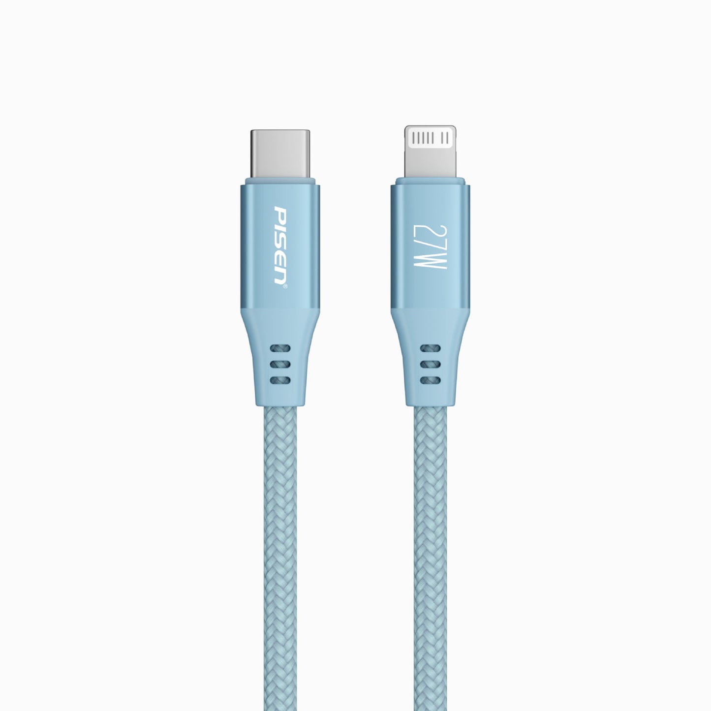 Close-up of USB-C and Lightning connectors on the light blue PISEN MagiPi Magloop 27W cable