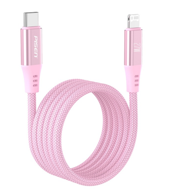 PISEN MagiPi Magloop USB-C to Lightning 27W braided cable in pink, neatly coiled