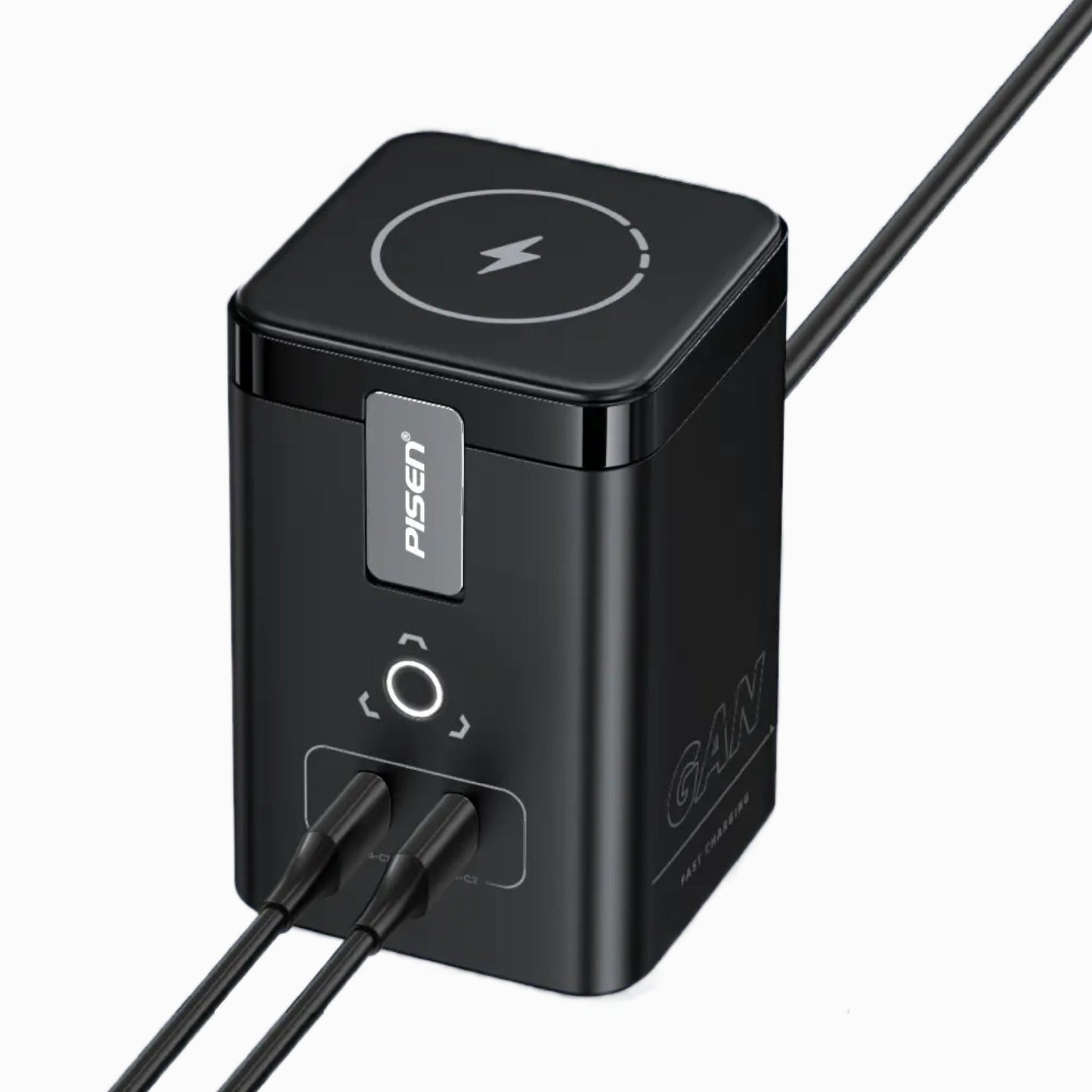PISEN MagStation 45W desktop charging station with two USB-C cables plugged into its front ports