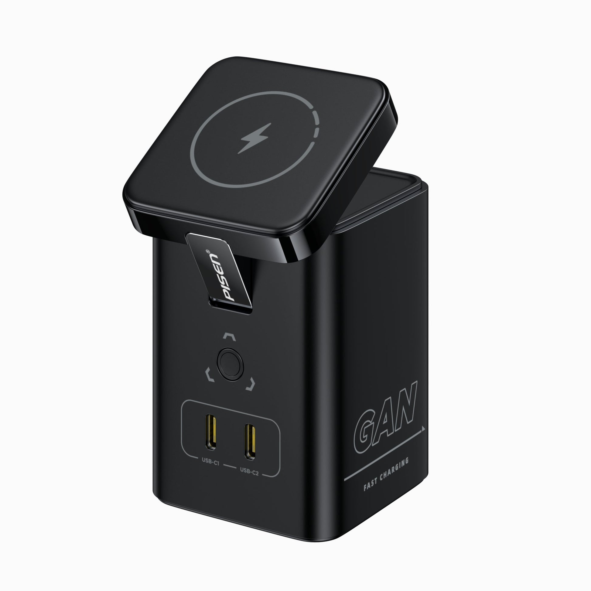 PISEN MagStation 45W GaN desktop charger with magnetic wireless charging pad tilted open, angled view