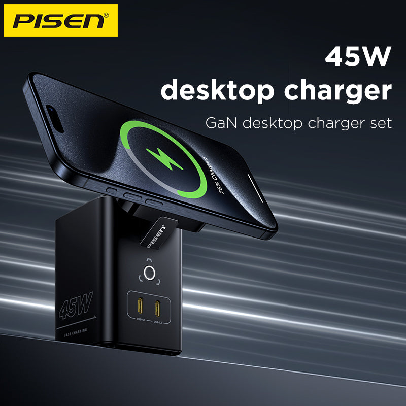 iPhone charging on the tilted wireless pad of the PISEN MagStation 45W GaN desktop charger set