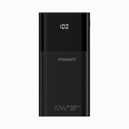 PISEN 10000mAh digital display power bank shown in the black colorway, front view