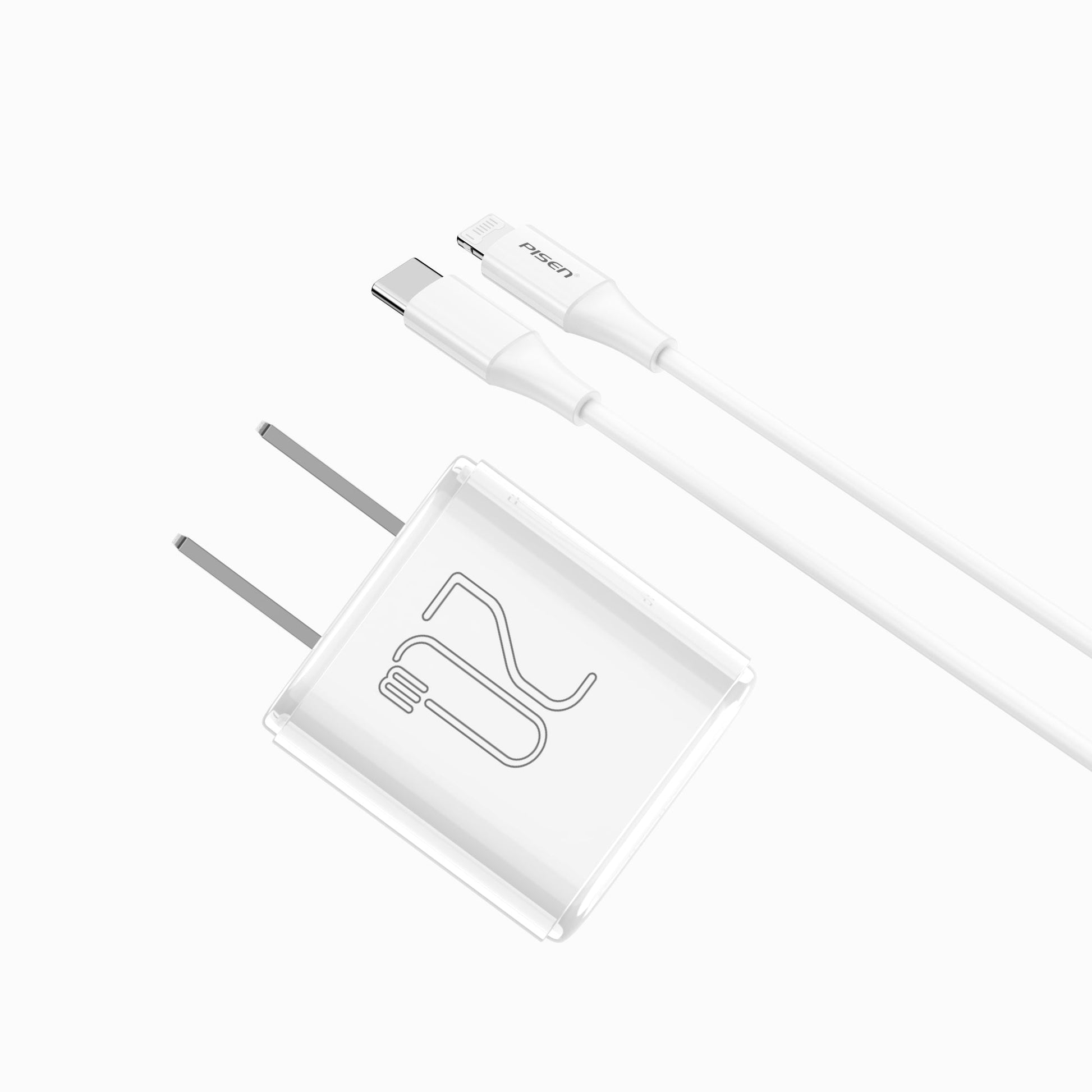 PISEN Mr White 20W PD charger angled with a white USB-C to Lightning cable