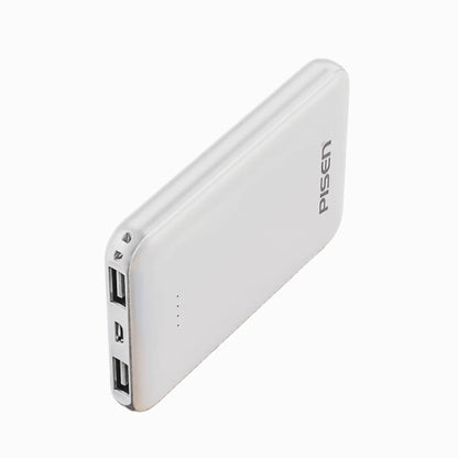 PISEN Mr White Mini 5000mAh power bank, angled view showing dual USB-A ports and Micro-USB input