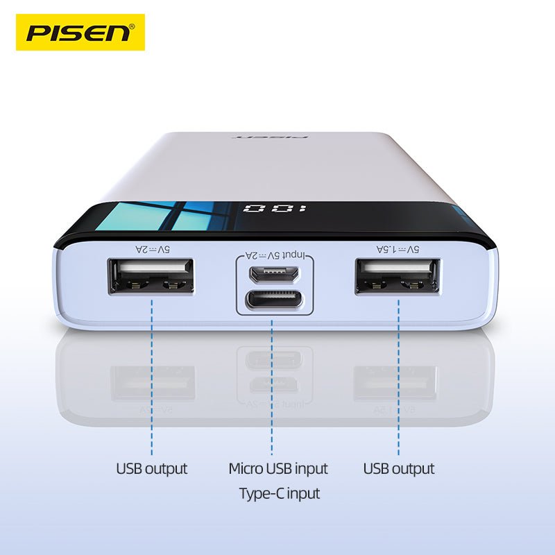PISEN Mr White Power Station 10500mAh Power Bank – Portable Charger with Display, White (TS-D322A) - Pro iPhone Repair