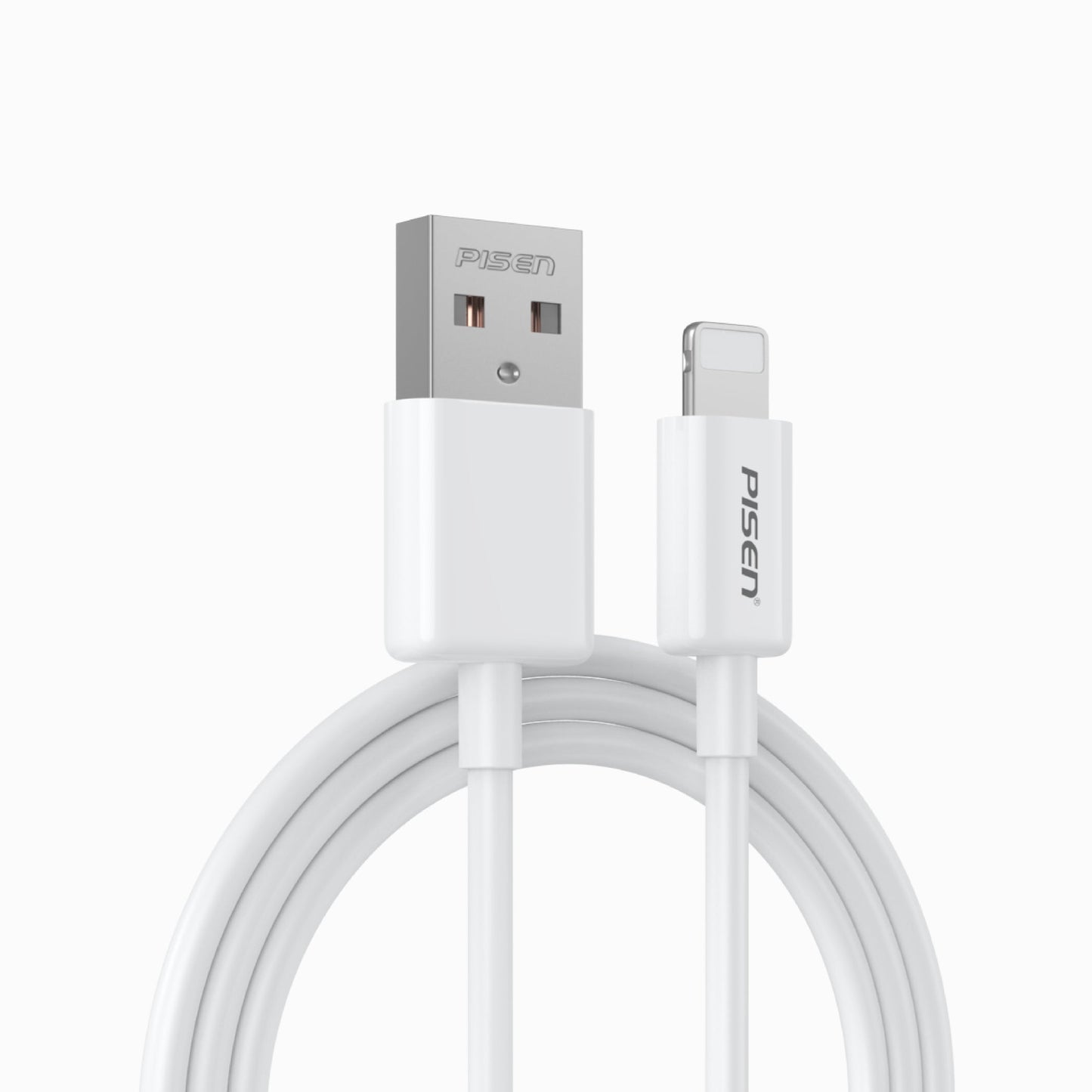 White PISEN Mr White USB-A to Lightning iPhone cable coiled with connector close-up