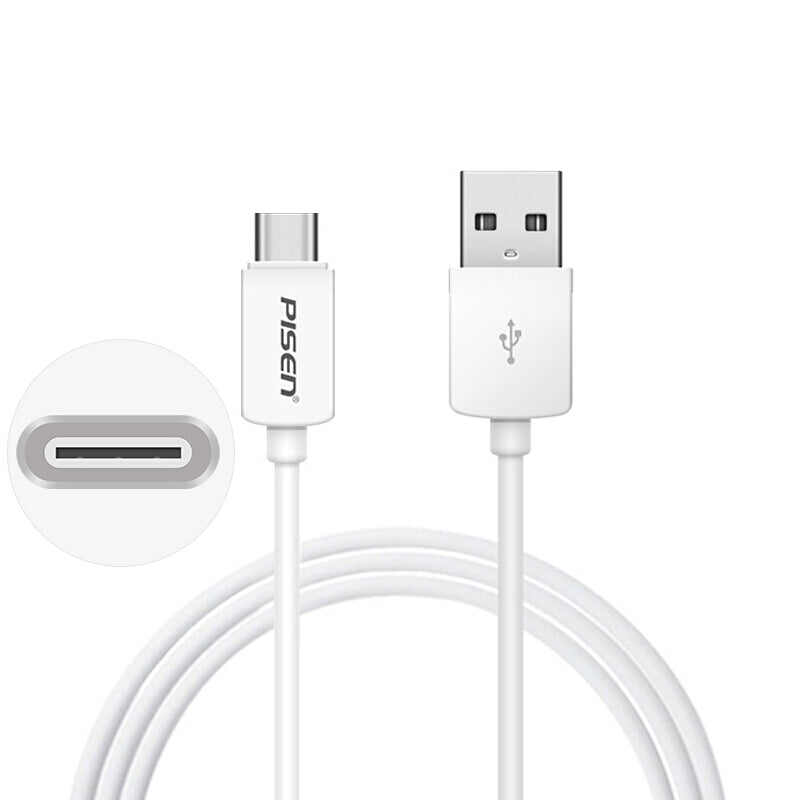 Coiled white PISEN USB-A to USB-C charging cable with USB-C connector detail inset