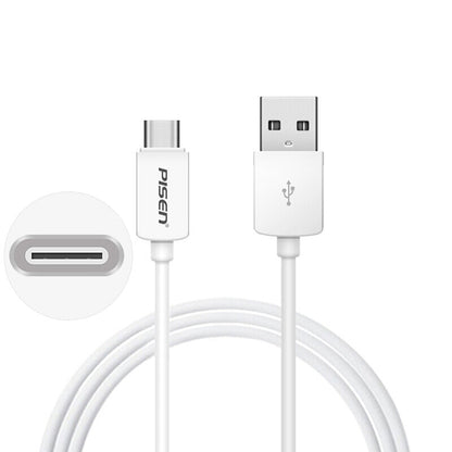 Coiled white PISEN USB-A to USB-C charging cable with USB-C connector detail inset