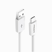 Close-up of white PISEN Mr White cable USB-A and USB-C connectors at an angle