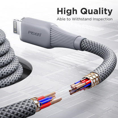 PISEN NoirSync Lightning cable braid cutaway revealing internal wiring, high quality construction graphic