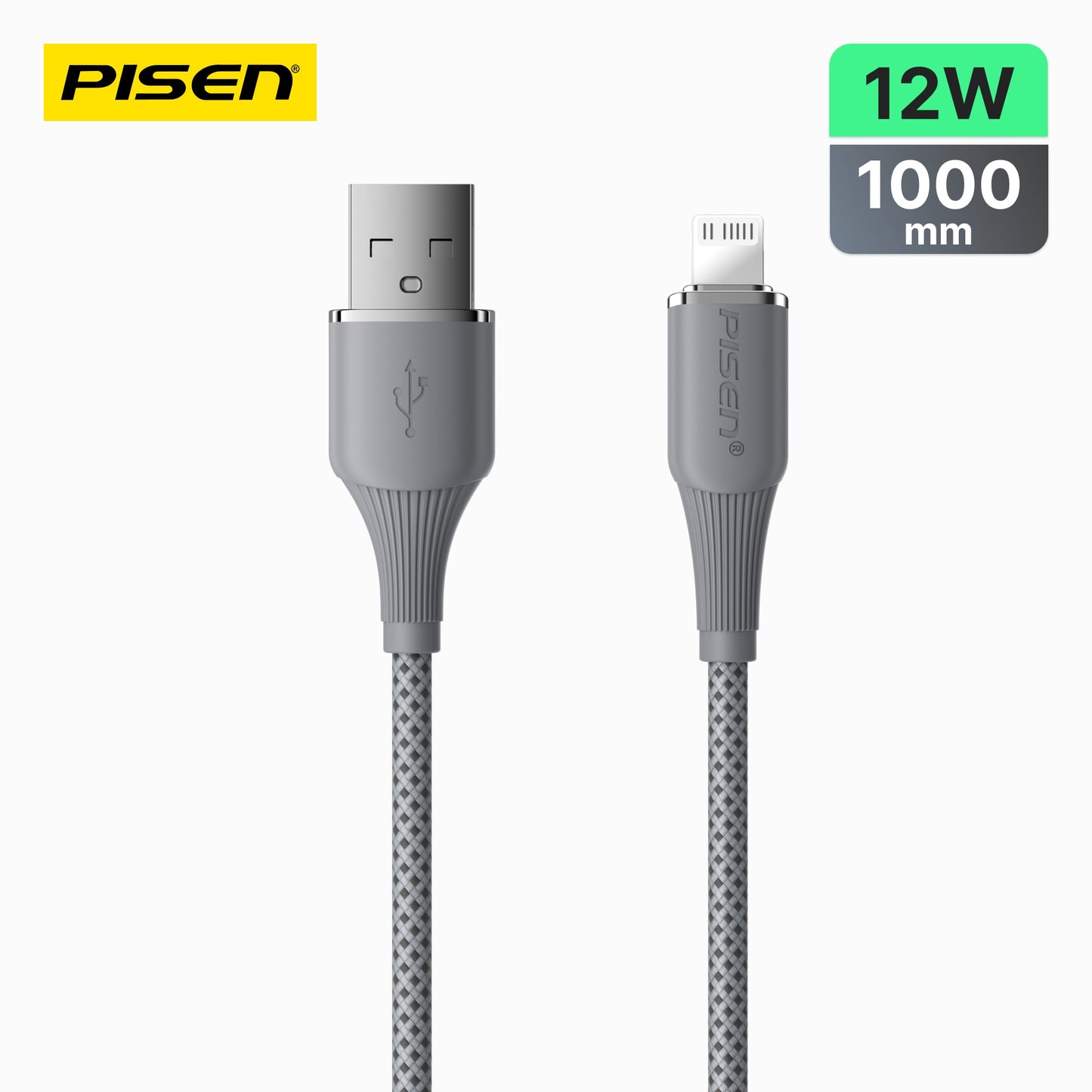 Grey braided PISEN NoirSync USB-A to Lightning cable, connectors shown with 12W and 1000mm spec badges