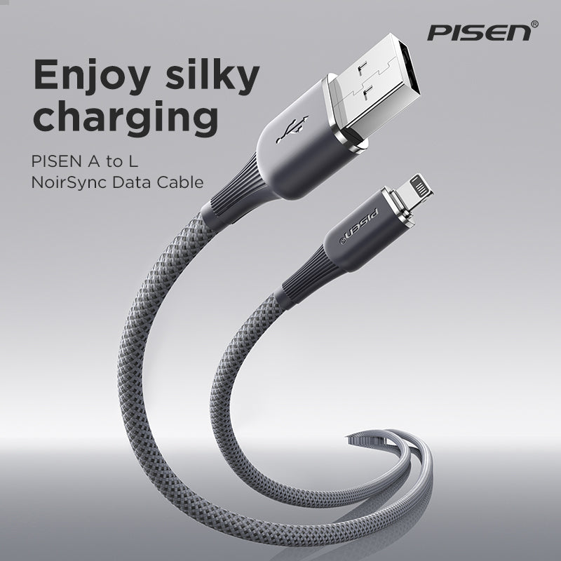 PISEN NoirSync USB-A to Lightning braided cable connectors, silky charging promotional banner