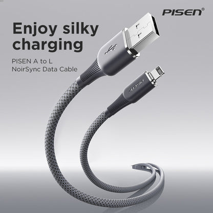 PISEN NoirSync USB-A to Lightning braided cable connectors, silky charging promotional banner