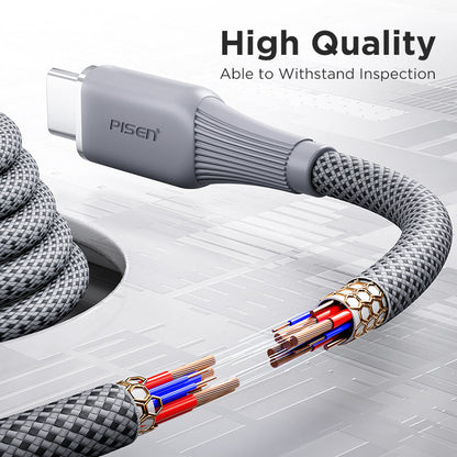 PISEN NoirSync USB-C cable braid cutaway revealing internal wiring, high quality construction graphic