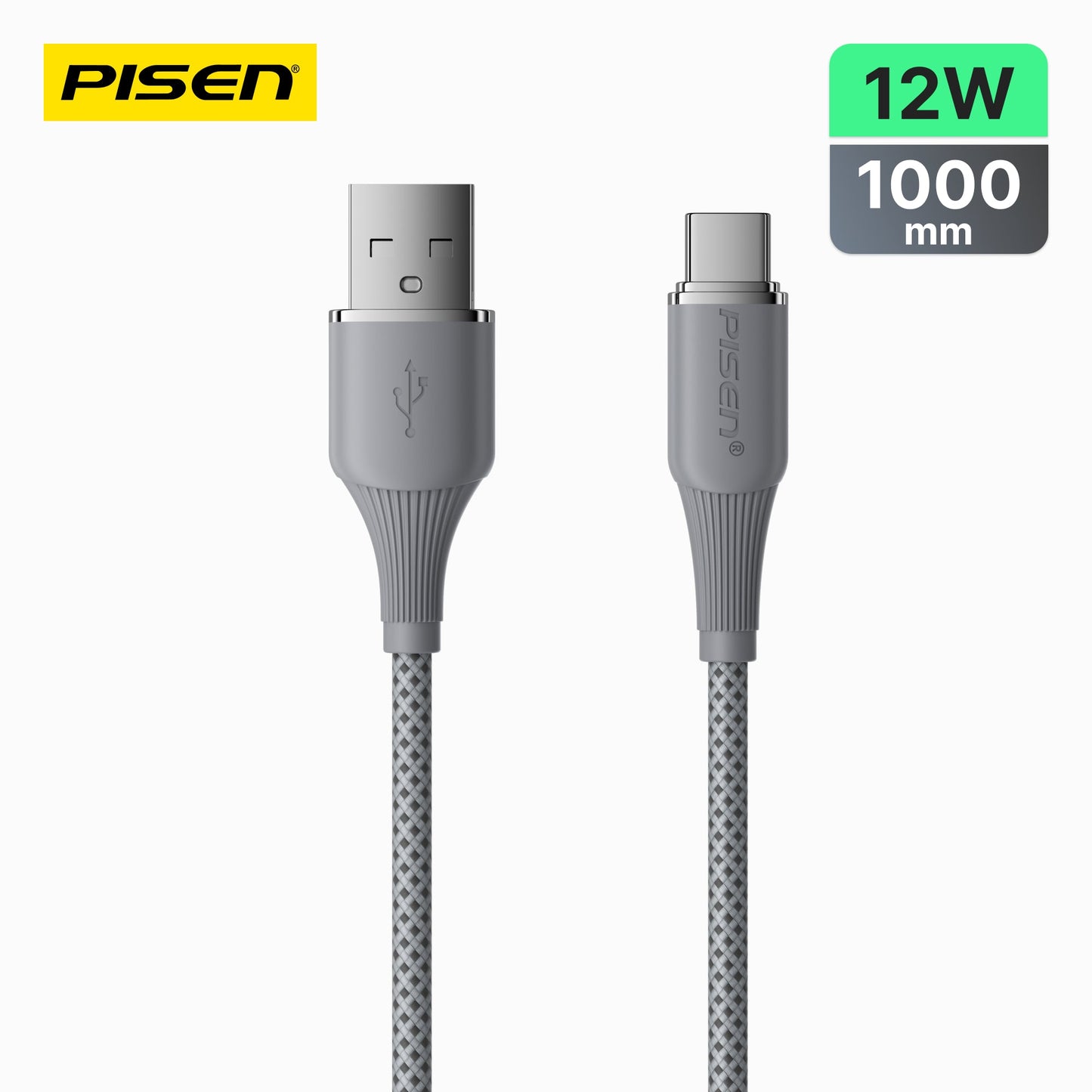 Grey braided PISEN NoirSync USB-A to USB-C cable, connectors shown with 12W and 1000mm spec badges