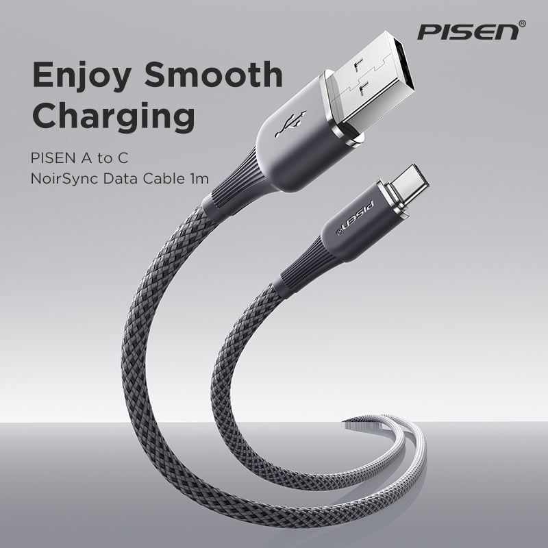 PISEN NoirSync USB-A to USB-C 1m braided cable connectors, smooth charging promotional banner
