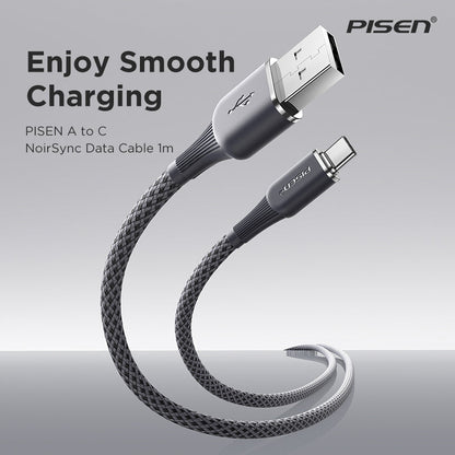 PISEN NoirSync USB-A to USB-C 1m braided cable connectors, smooth charging promotional banner