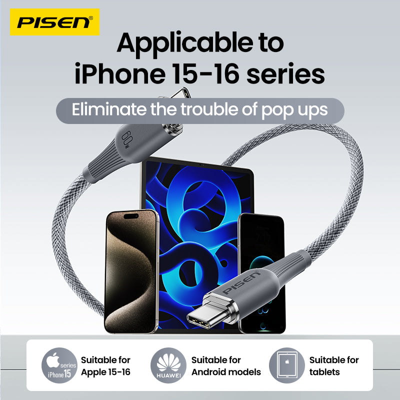 PISEN NoirSync 60W USB-C cable shown with iPhone 15-16, Android phones and tablets compatibility graphic