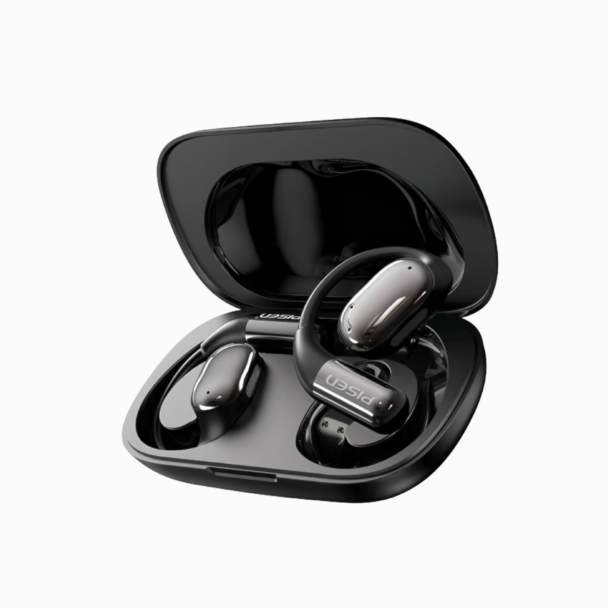 PISEN O1 open-ear OWS wireless sport earbuds in black, shown in the open charging case
