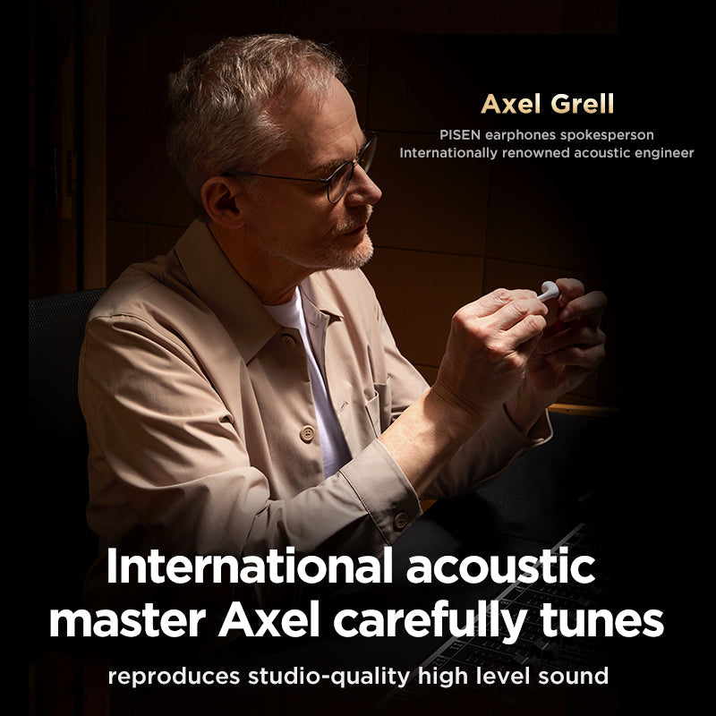 Acoustic engineer Axel Grell tuning the PISEN P1 Plus wireless earbuds in a studio