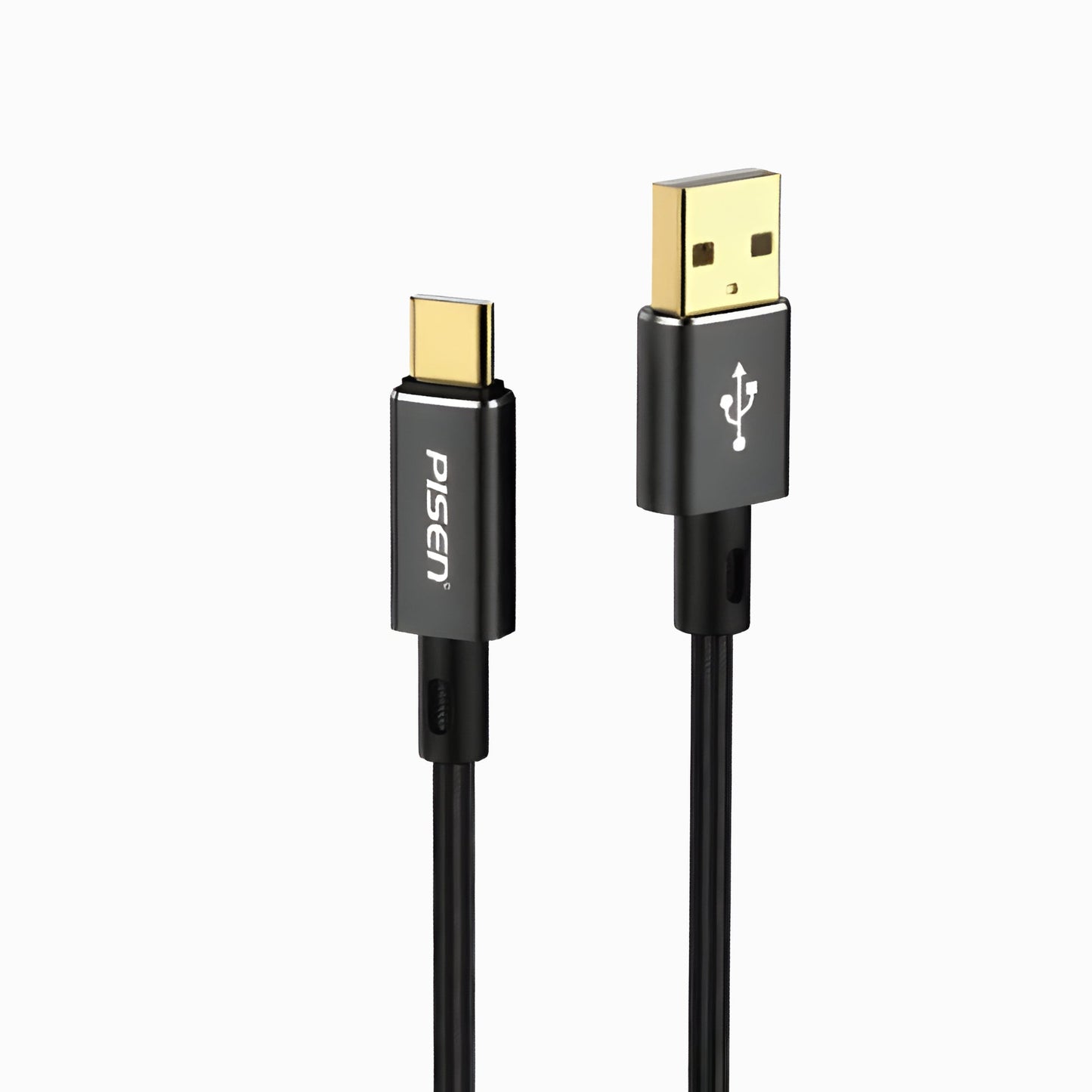 Black PISEN Platinum USB-A to USB-C cable, close-up of the gold-plated USB-A and USB-C connectors