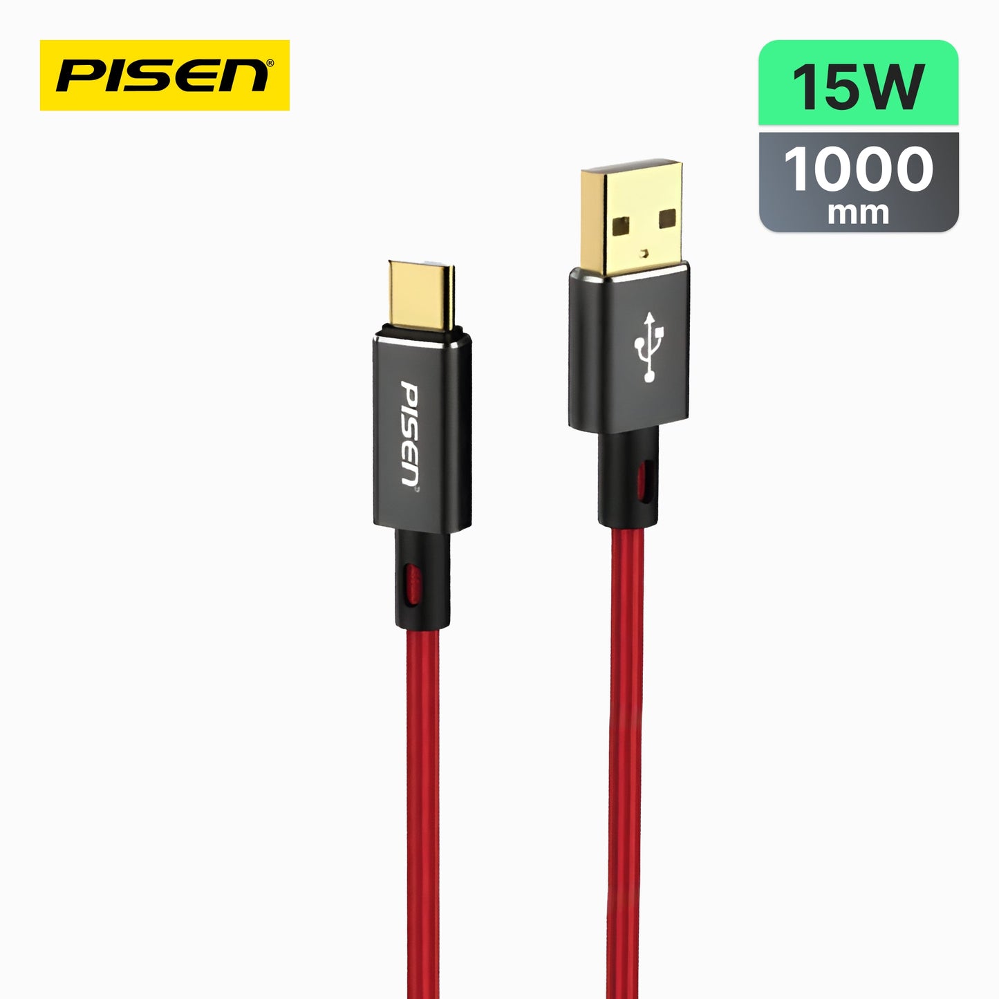 PISEN Platinum 15W USB-A to USB-C 1m charging cable, red braided version with gold-plated connectors