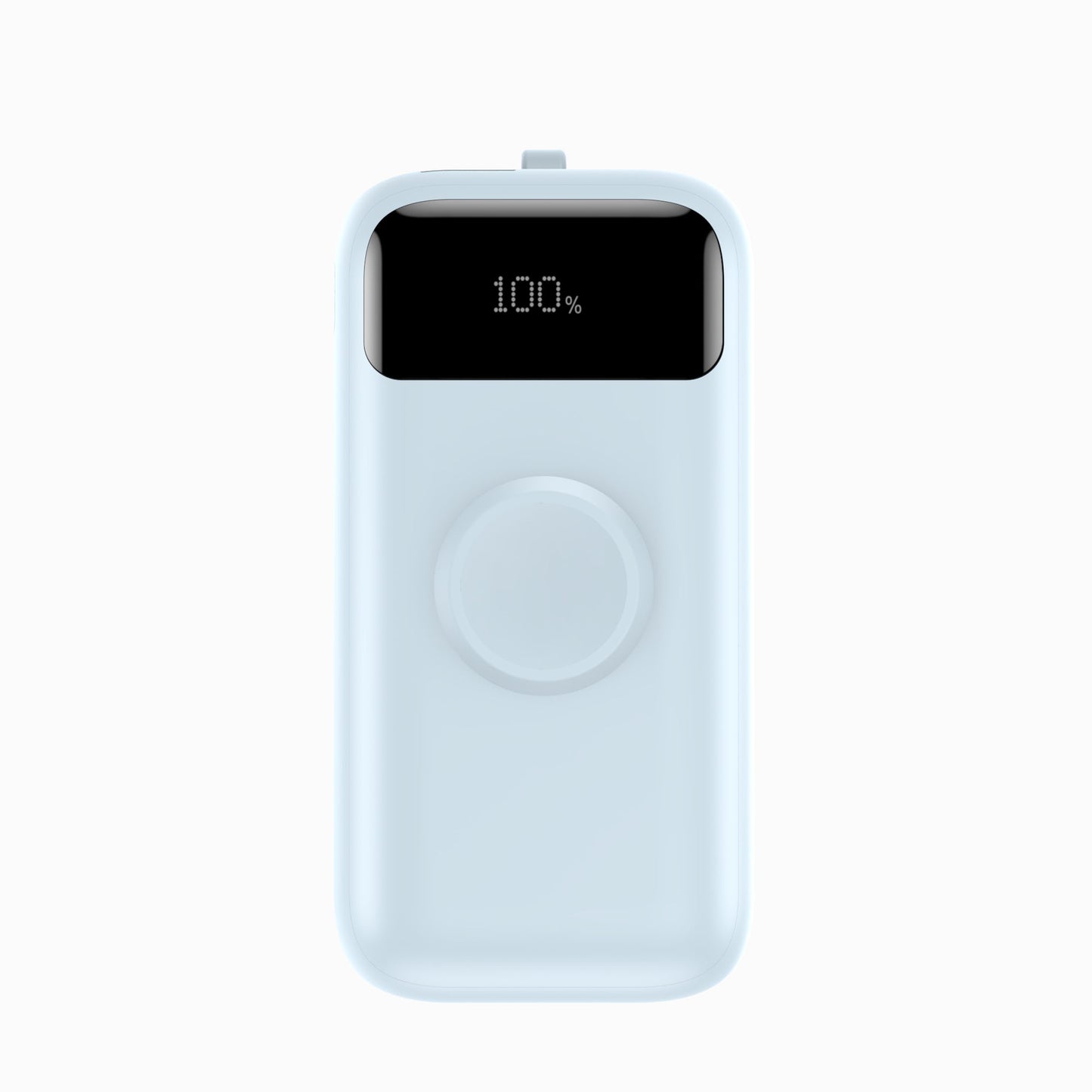 PISEN Power Flex 3-in-1 10000mAh power bank in light blue, front view showing 100 percent LED display