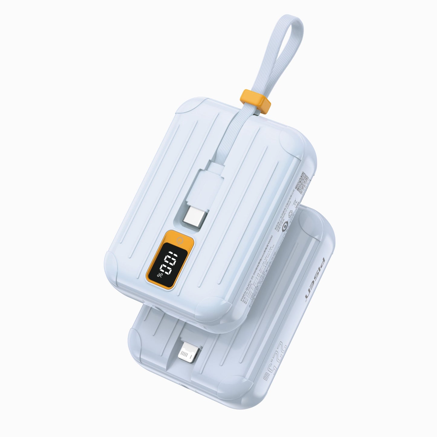 PISEN Power Tiny 22.5W 10000mAh power bank in light blue, suitcase-style with dual built-in cables and strap