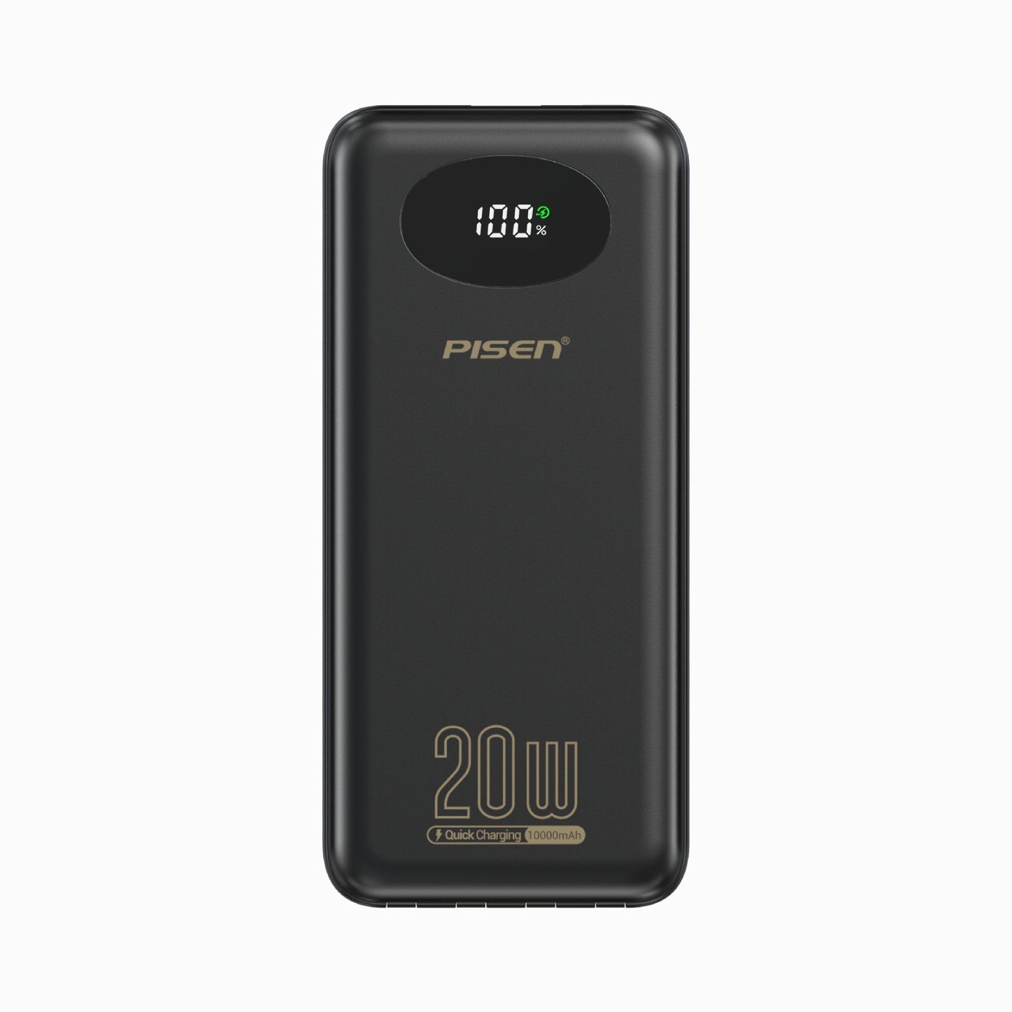 PISEN PowerLink 4-in-1 20W 10000mAh power bank in black, front view with LED battery percentage display