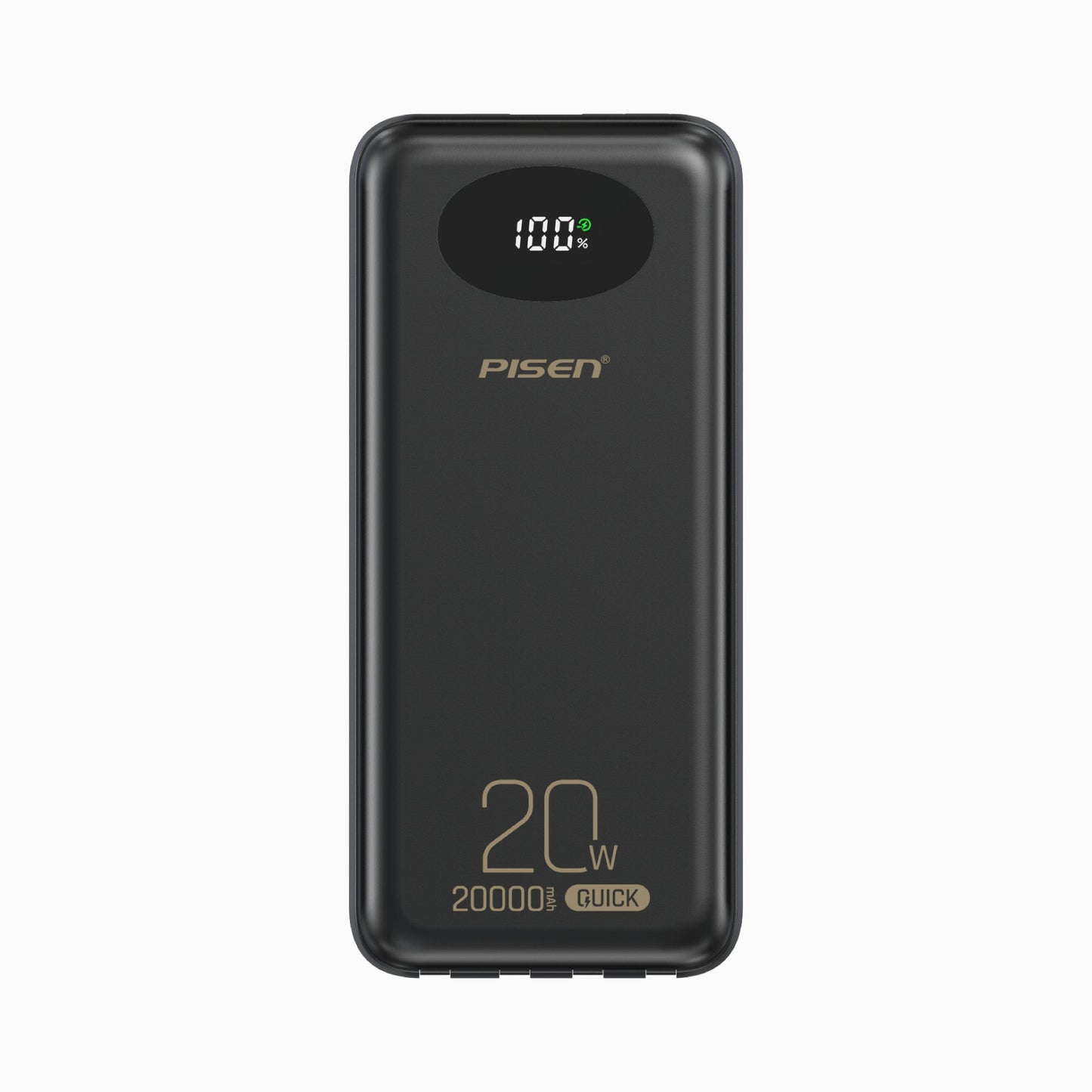 PISEN PowerLink 4-in-1 20W 20000mAh power bank in black, front view with LED battery percentage display