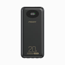 PISEN PowerLink 4-in-1 20W 20000mAh power bank in black, front view with LED battery percentage display