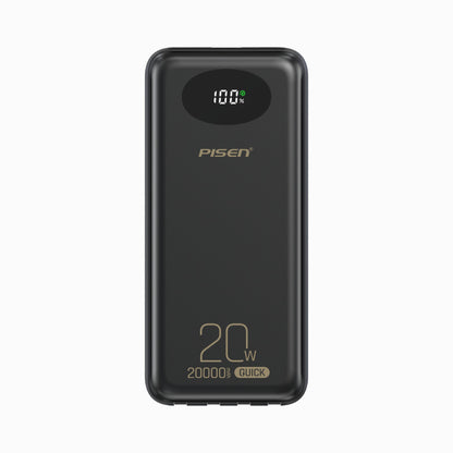 PISEN PowerLink 4-in-1 20W 20000mAh power bank in black, front view with LED battery percentage display