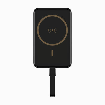 PISEN PowerMag 30W magnetic MagSafe power bank 10000mAh in black, front view with built-in USB-C cable
