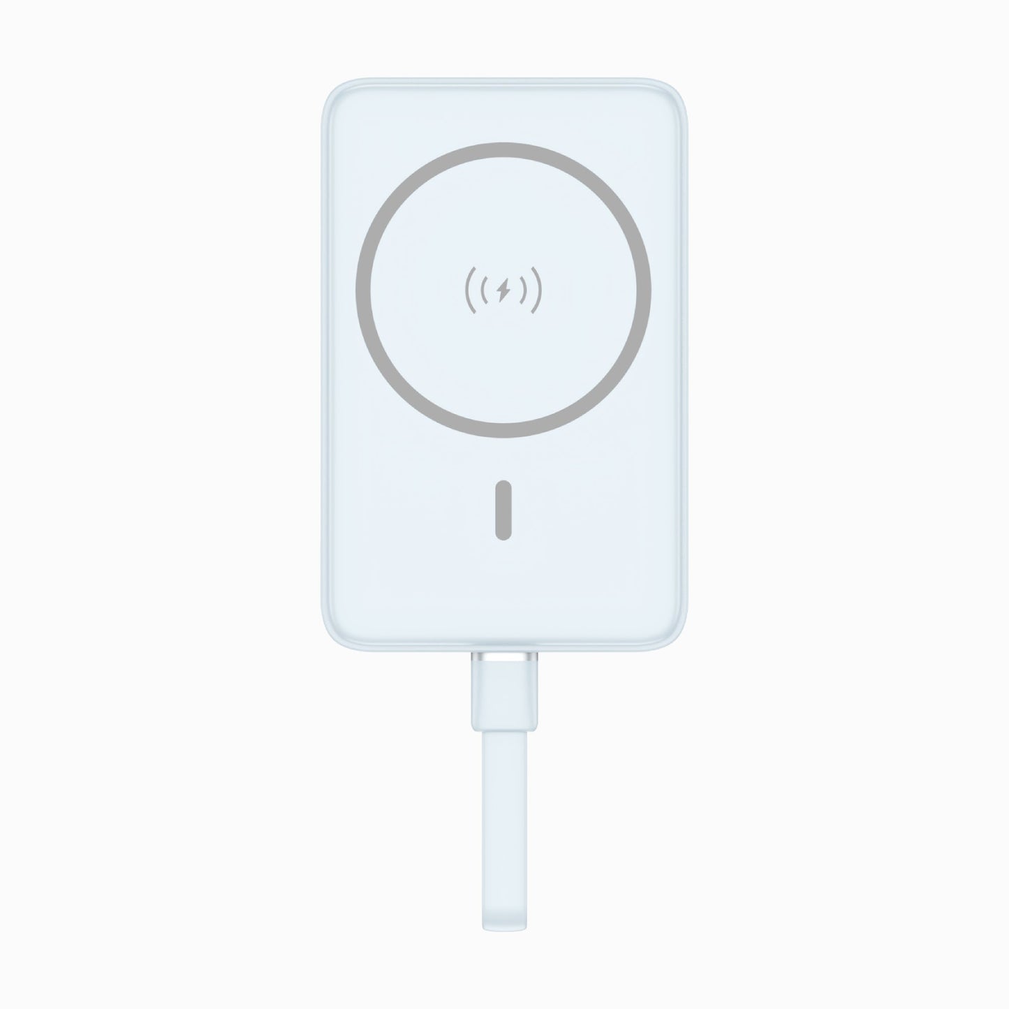 PISEN PowerMag 30W magnetic MagSafe power bank 10000mAh in light blue, front view with built-in cable