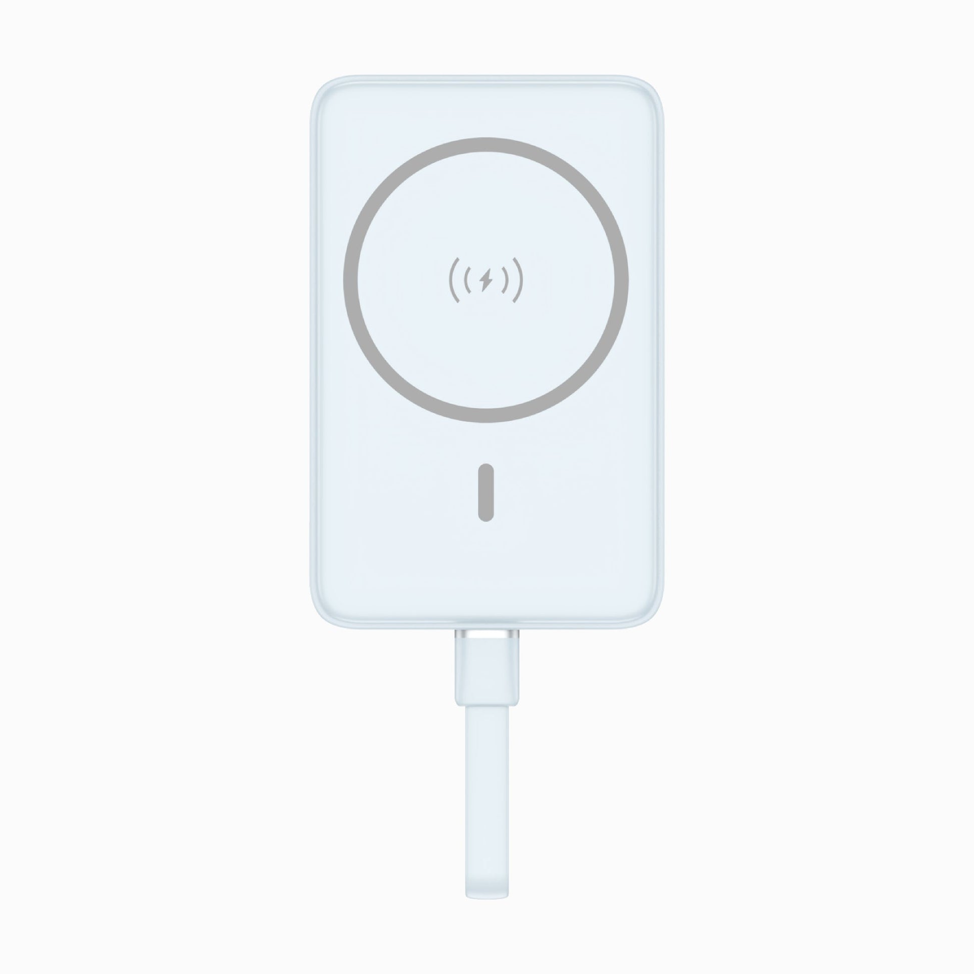 PISEN PowerMag 30W magnetic MagSafe power bank 10000mAh in light blue, front view with built-in cable