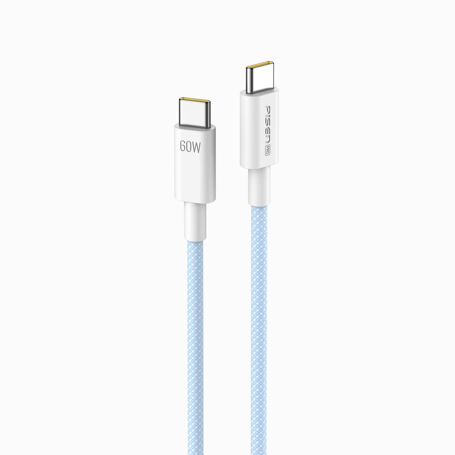 PISEN Pro 60W USB-C to USB-C braided cable in light blue, connector detail
