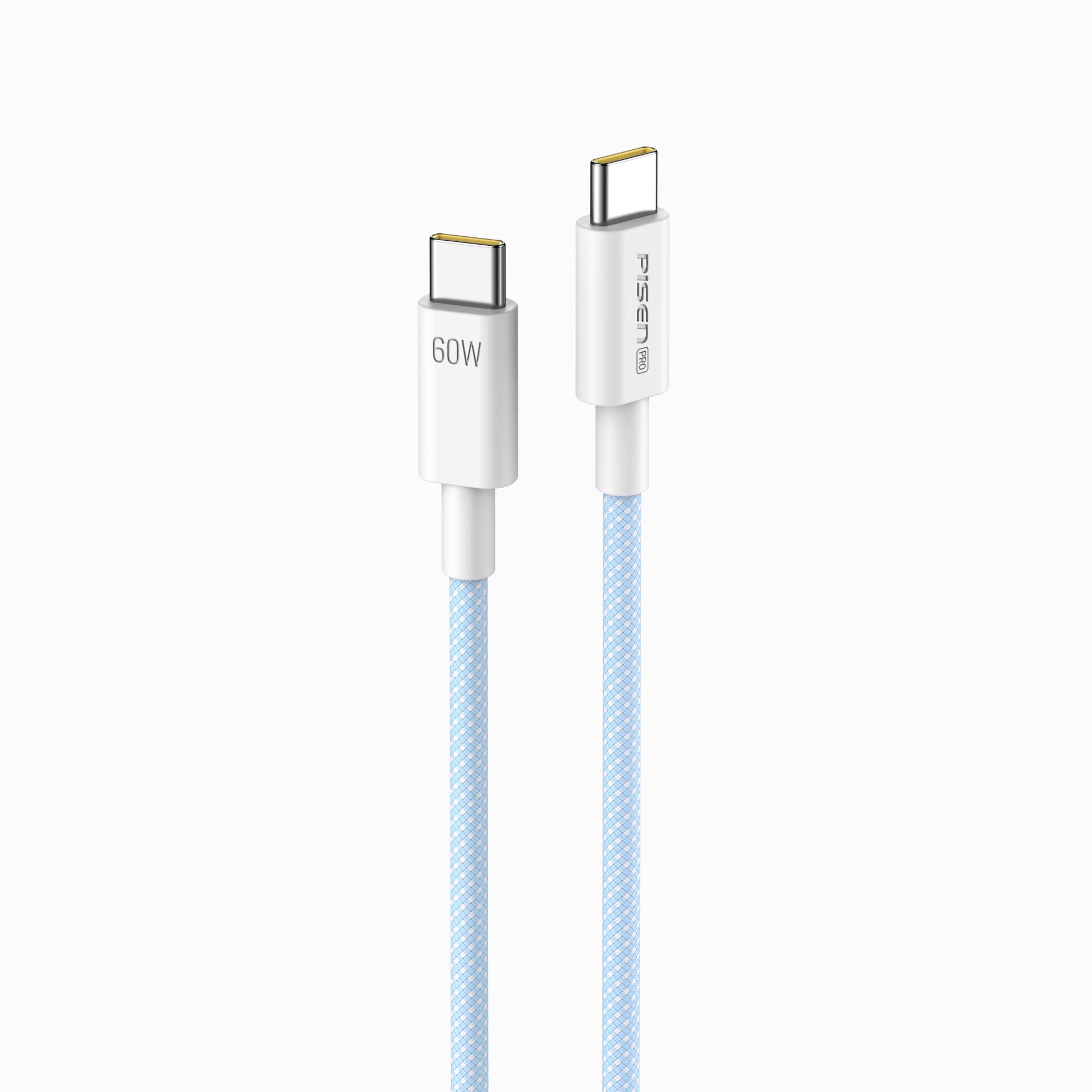 PISEN Pro 60W USB-C to USB-C braided cable in light blue, connector detail