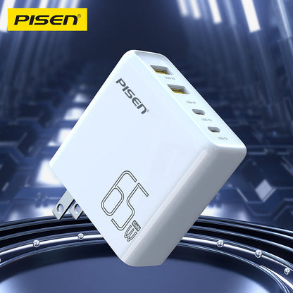PISEN Pro 65W GaN wall charger tilted to show dual USB-A and dual USB-C ports