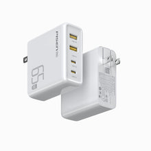 Two views of PISEN Pro 65W GaN wall charger showing 4 ports and folding US plug