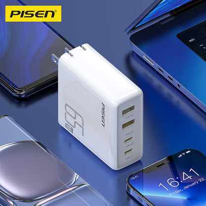 PISEN Pro 65W GaN 4-port wall charger next to phone and laptop showing multi-device use