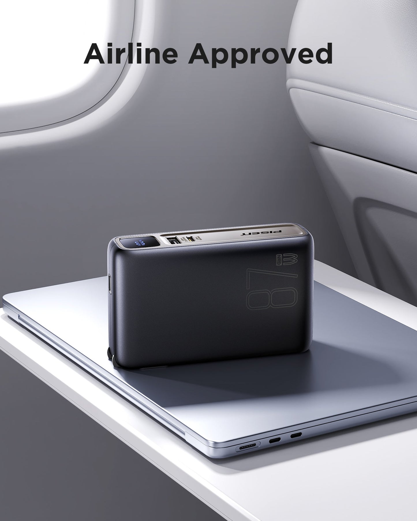 Airline-approved PISEN PRO 87W power bank on a laptop atop an airplane tray table