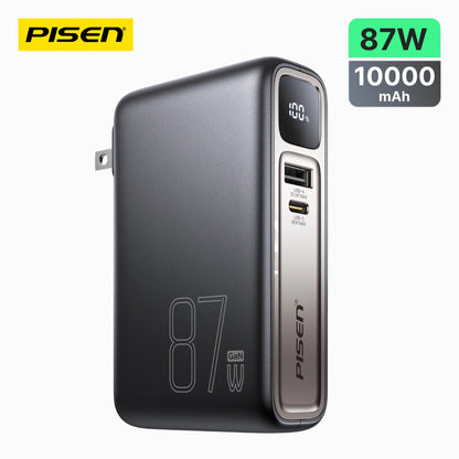 PISEN PRO 87W GaN hybrid power bank kit 10000mAh in black, front view with LED display and ports