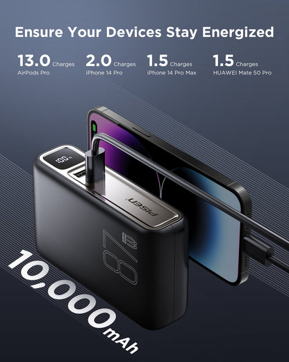PISEN PRO 87W 10000mAh power bank charging an iPhone, with charge-count stats per device