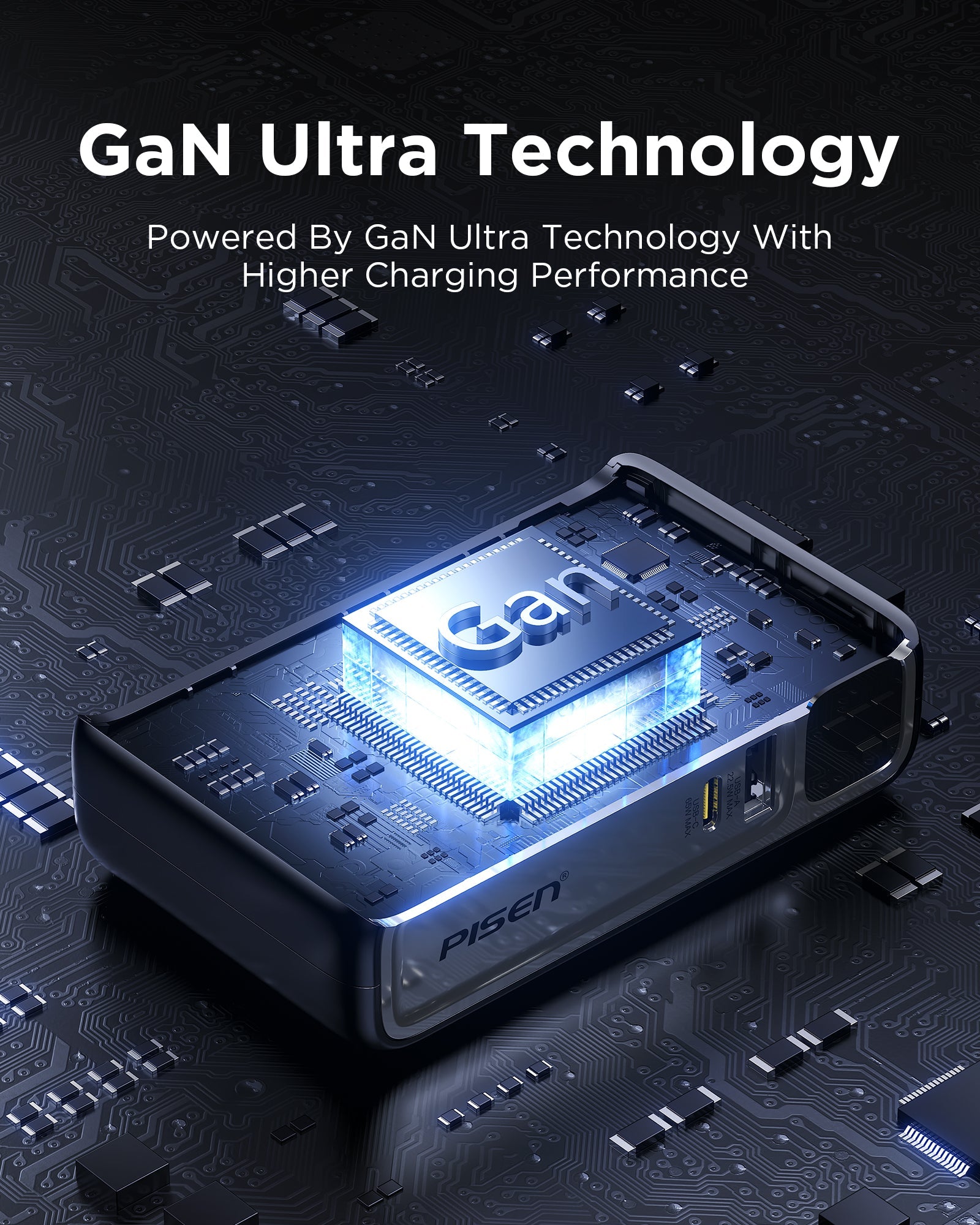 GaN Ultra technology graphic showing internal chip of PISEN PRO 87W power bank