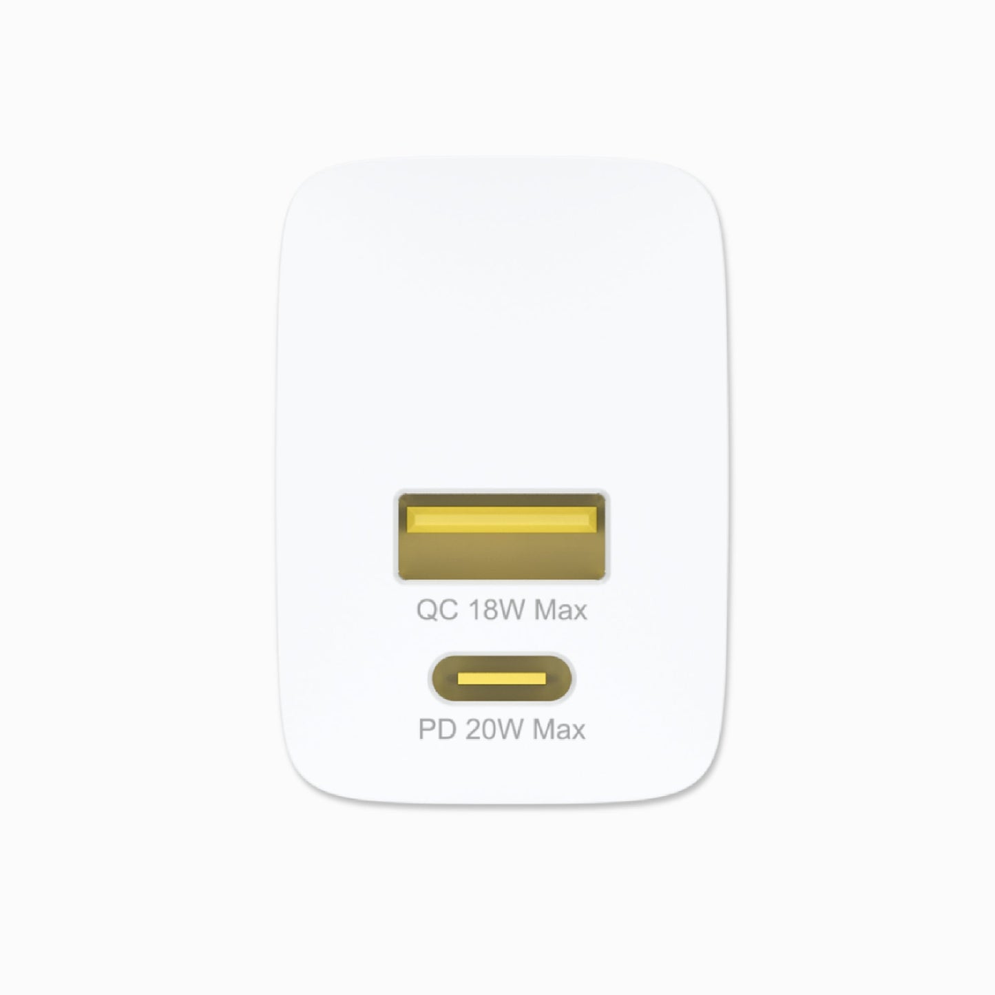 Port view of the PISEN QUICK 20W TS-C181 wall charger showing USB-A QC 18W and USB-C PD 20W outputs