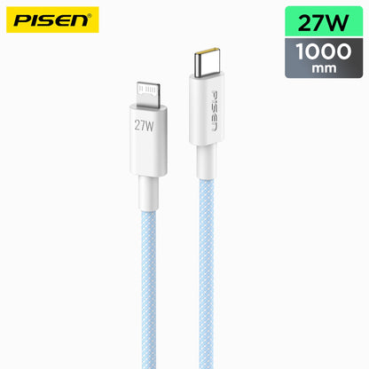 PISEN QUICK 27W USB-C to Lightning braided cable in light blue with white 27W connectors, 1m length