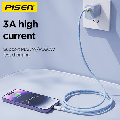 Blue PISEN QUICK 27W braided cable fast charging an iPhone from a wall charger, 3A high current