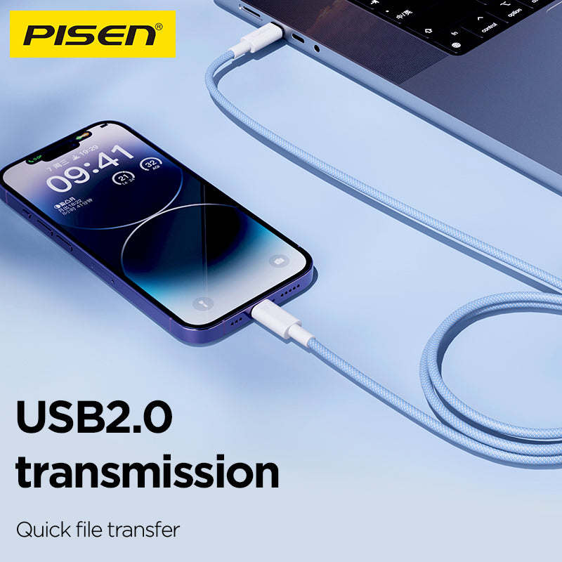 Blue PISEN QUICK 27W braided cable connecting an iPhone to a laptop, USB 2.0 file transfer